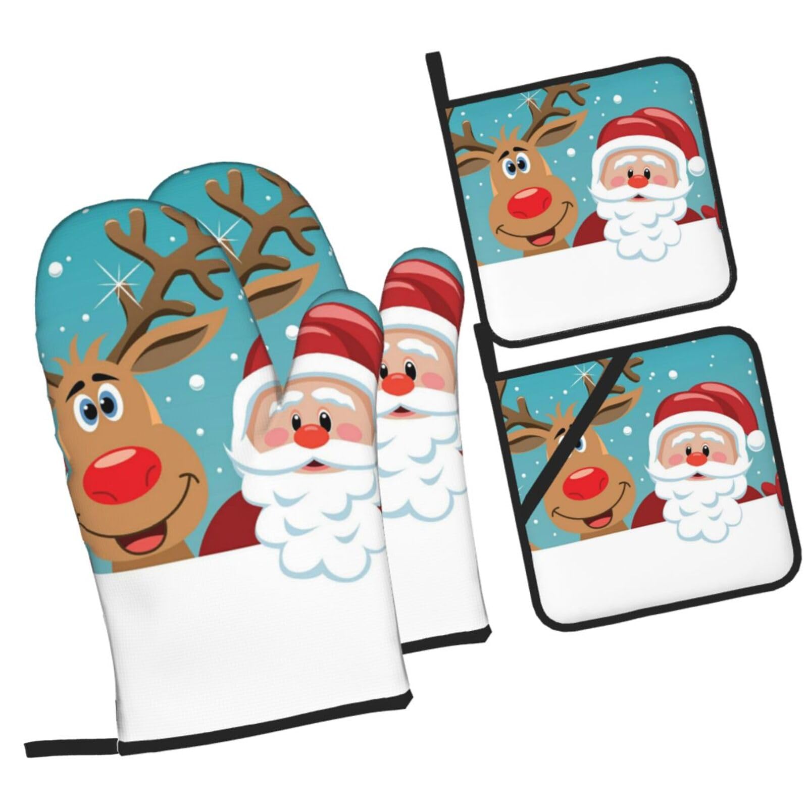 Sant Claus Deer Printed Oven Mitts and Pot Holders Heat Resistant Set of 4 Pcs, Modern Kitchen Gloves & Potholders for Cooking Baking Grilling