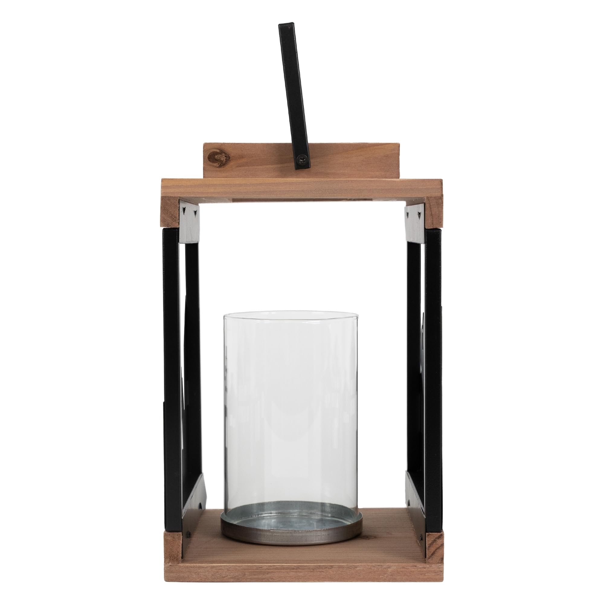 ECD Germany Faro de Madera Natural 22cm Decoración de Navidad Diseño de Ciudad Adorno Festivo de Cristal y Metal Aspecto Rústico Candelabro de Jardín Portavelas Decorativo de Interior y Exterior