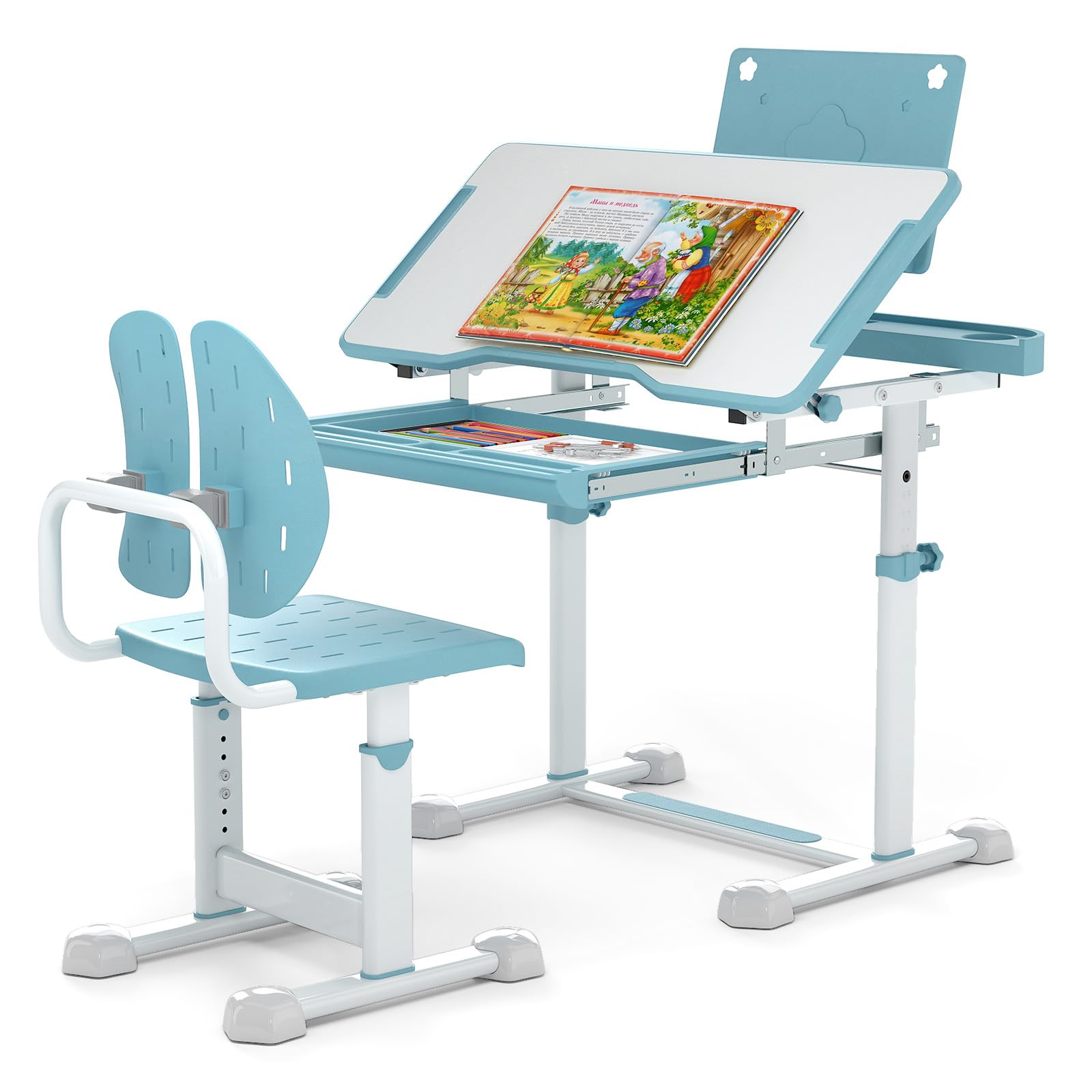 RELAX4LIFE Scrivania per Bambini con Sedia, Set Tavolo da Studio con Piano Inclinabile, Altezza Regolabile, Supporto per Libri, Portabicchieri, Cassetto Estraibile, Sedia Ergonomica (Blu)