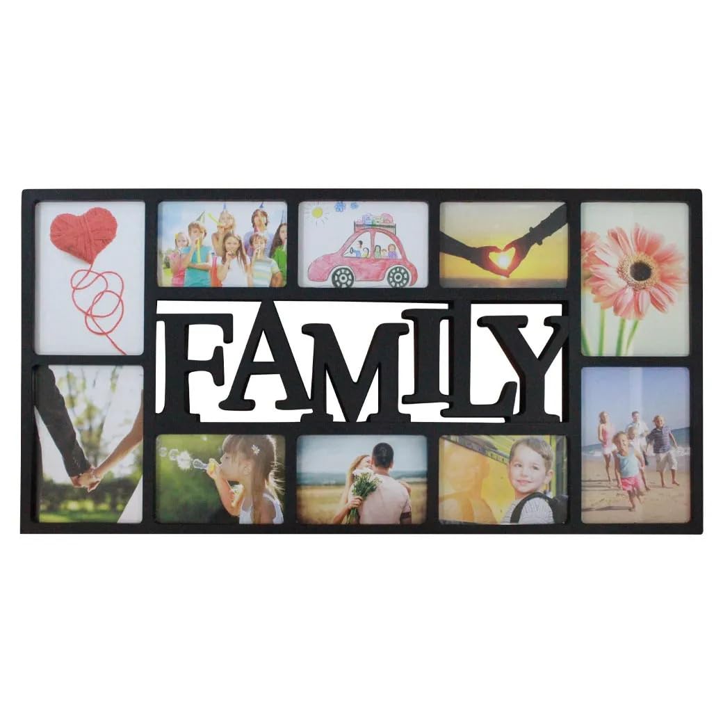 Deenz Black Family Collage Photo Multi Aperture Frame And White 10 Photos (6X 6"X4", 4X 7"X5") Modern Wall Mount With 'Family' Text Glossy Plastic Rectangle Home Decor 36 X 73 X 2.51 Cm (Black)