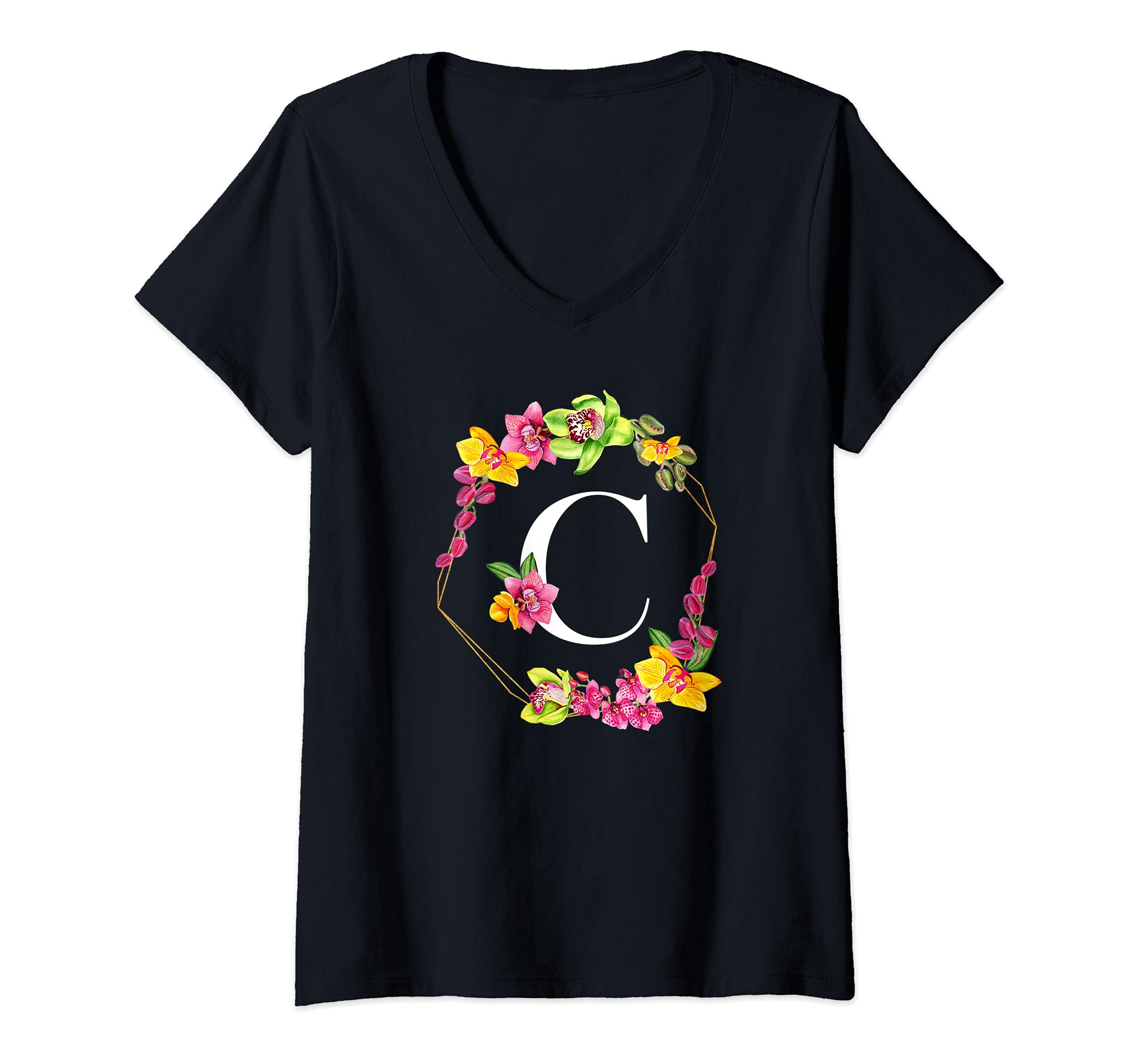 Womens Pink Yellow Green Orchids Floral Monogram Initial Letter C V-Neck T-Shirt