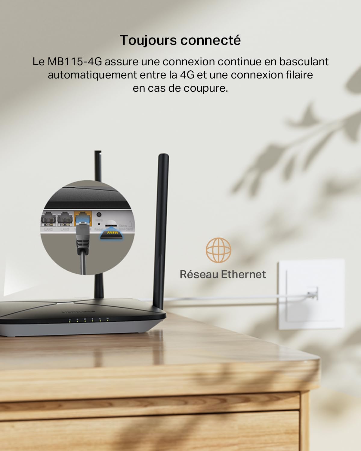 Mercusys MB115-4G Routeur 4G LTE WiFi 300 Mbps 2.4 GHz Carte SIM Nano 4 Antennes