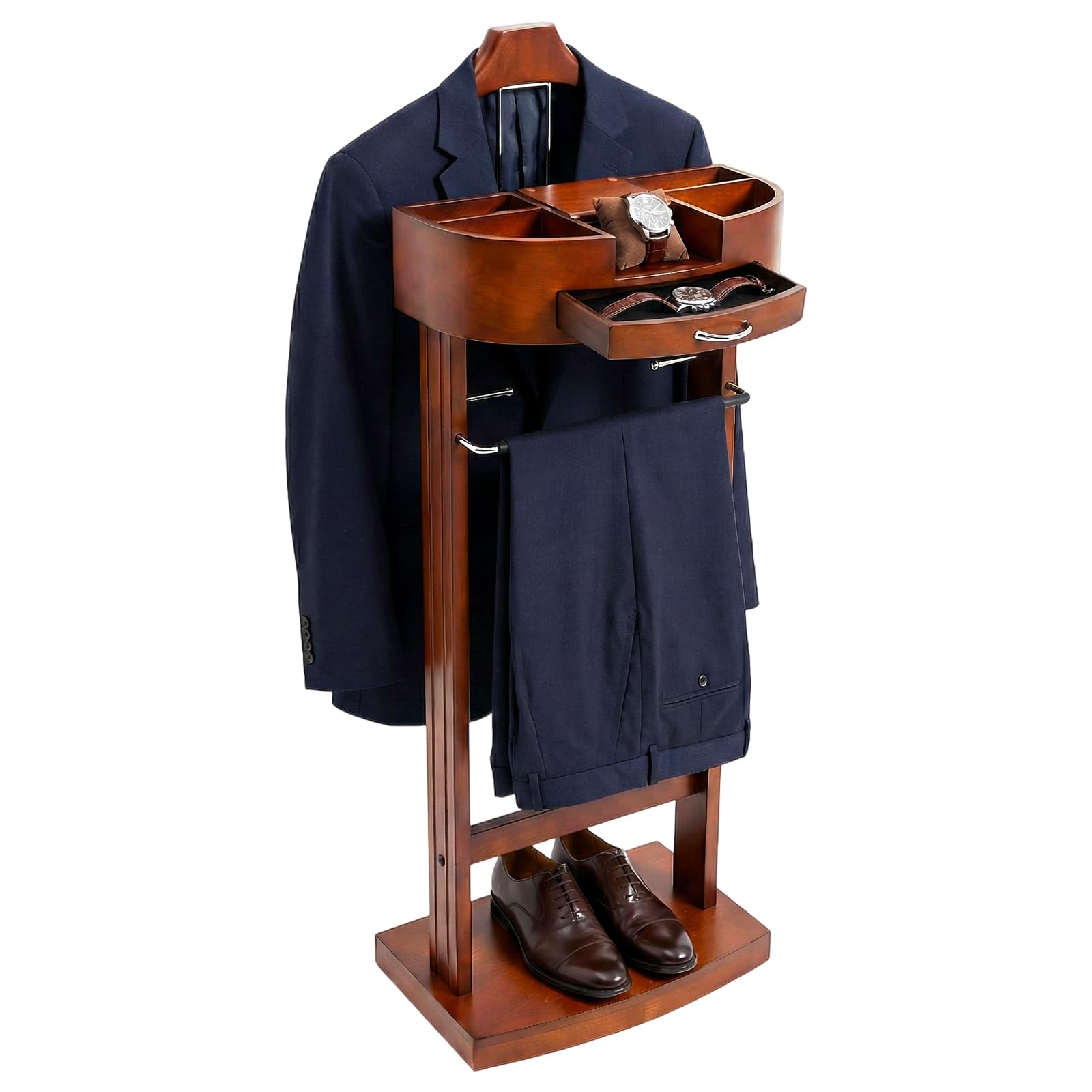 Valet de chambre à coucher en bois avec étagère et compartiment pour téléphone portable, porte-vêtements avec cintre à pantalon et étagère à chaussures, peu encombrant avec poignée, chambre à