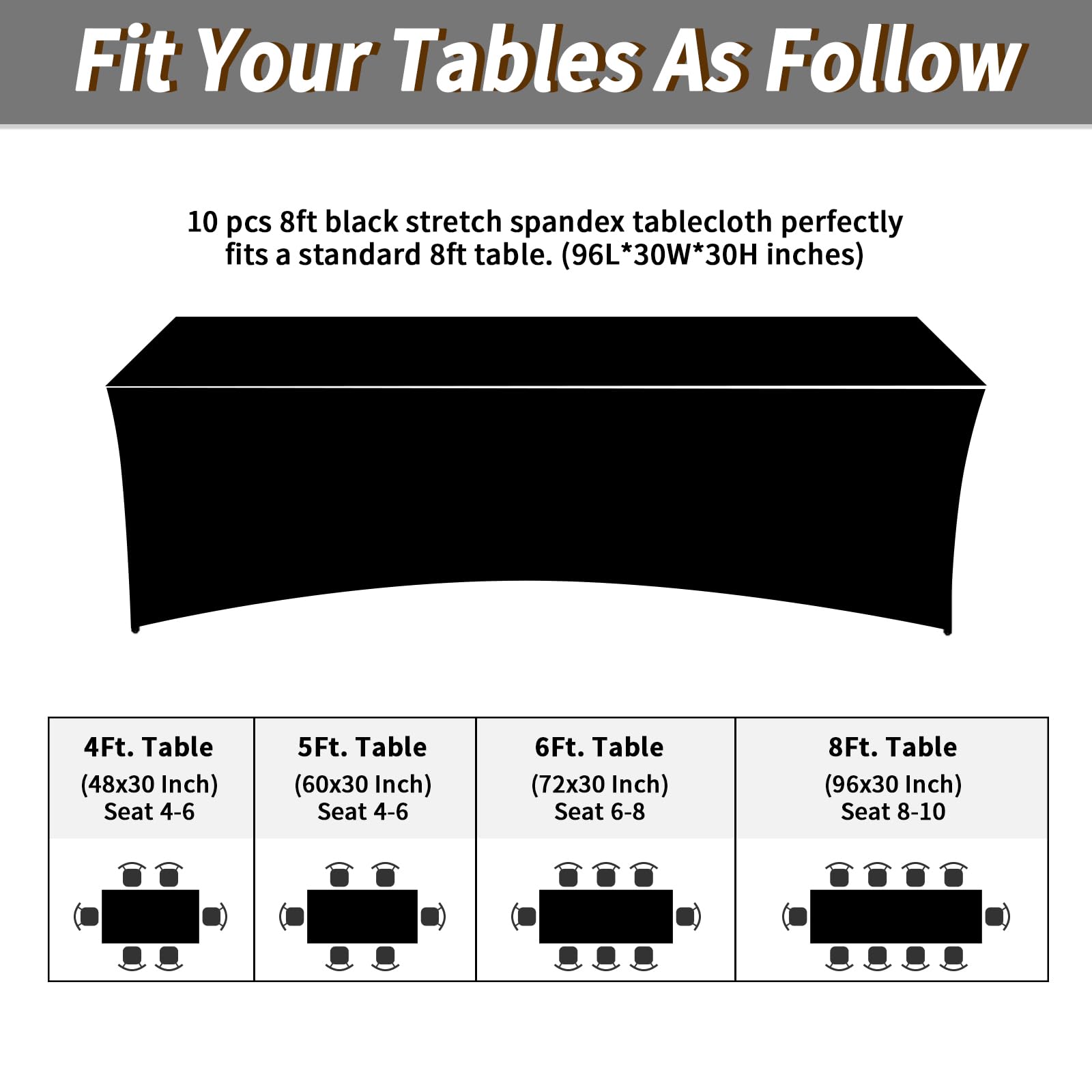 Fixwal Lot de 10 nappes Extensibles en élasthanne de 2,4 m pour Table de Patio, événement, Mariage, Banquet, fête (Noir, 243,8 x 76,2 x 76,2 cm)