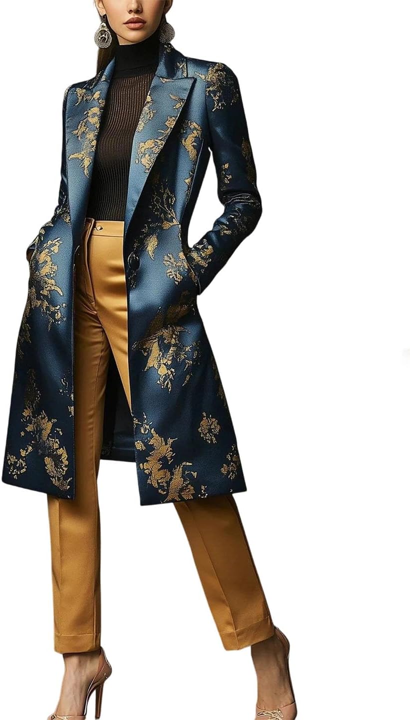Women's Casual Elegant Gold Floral Satin Overcoat Trench Coat