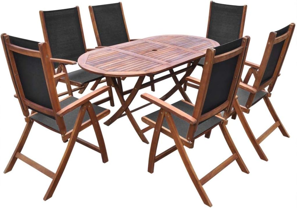 Fesjoy7 Pieces Patio Dining Set 6 Seater Garden Dining Table Set 6 Folding Chairs Acacia Wood Table Conservatory Outdoor Furniture Set