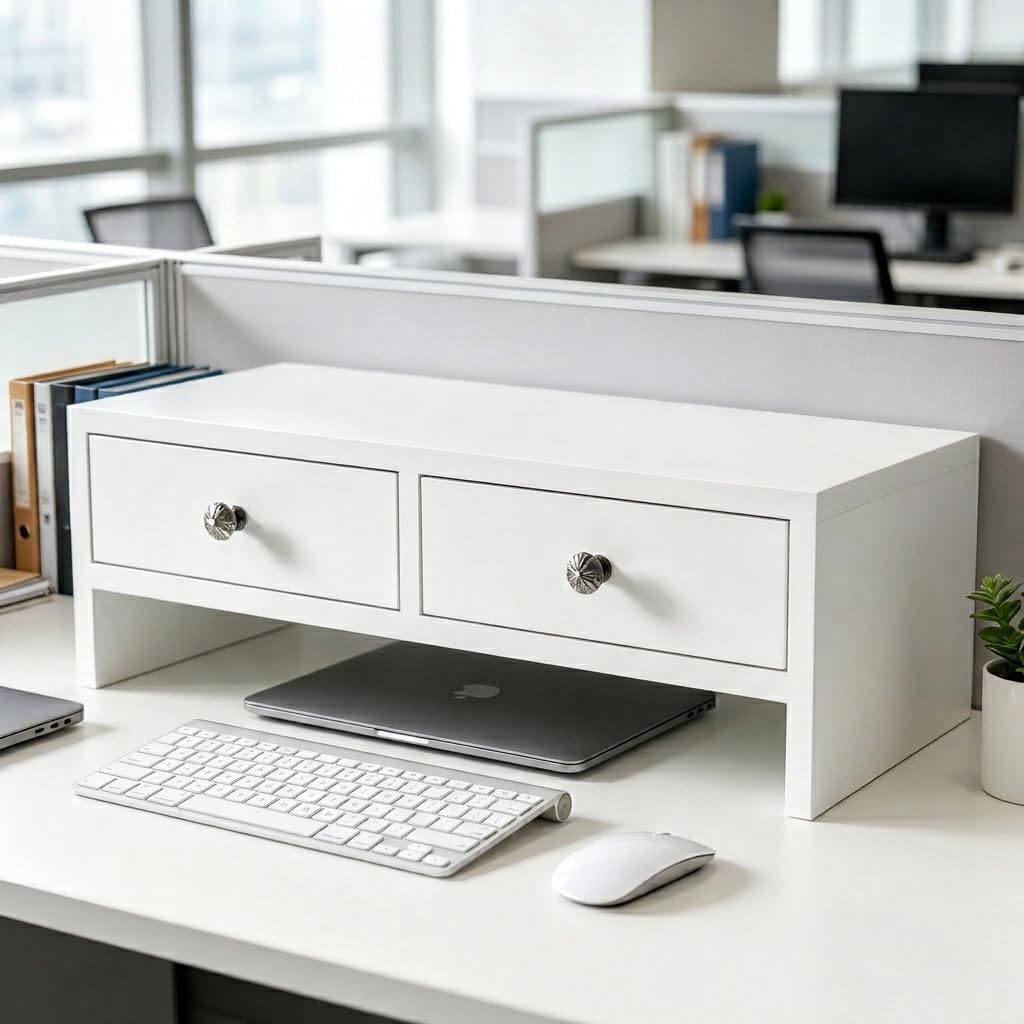 WELLAND Monitor Stand Riser with Drawers, Computer Monitor Stand, Desktop Organizer Stand for Laptop, PC, Office Supplies, White