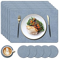 KERYCHIN 6 Round Leather Placemats(34cm) + 6 Coasters(10cm) Set, Heat-Resistant 212 U00b0F PU Place Mats, Non-Slip And Washable, Table Mats For Home, Hotel, Dining Table, Indoor, Outdoor, (Beige