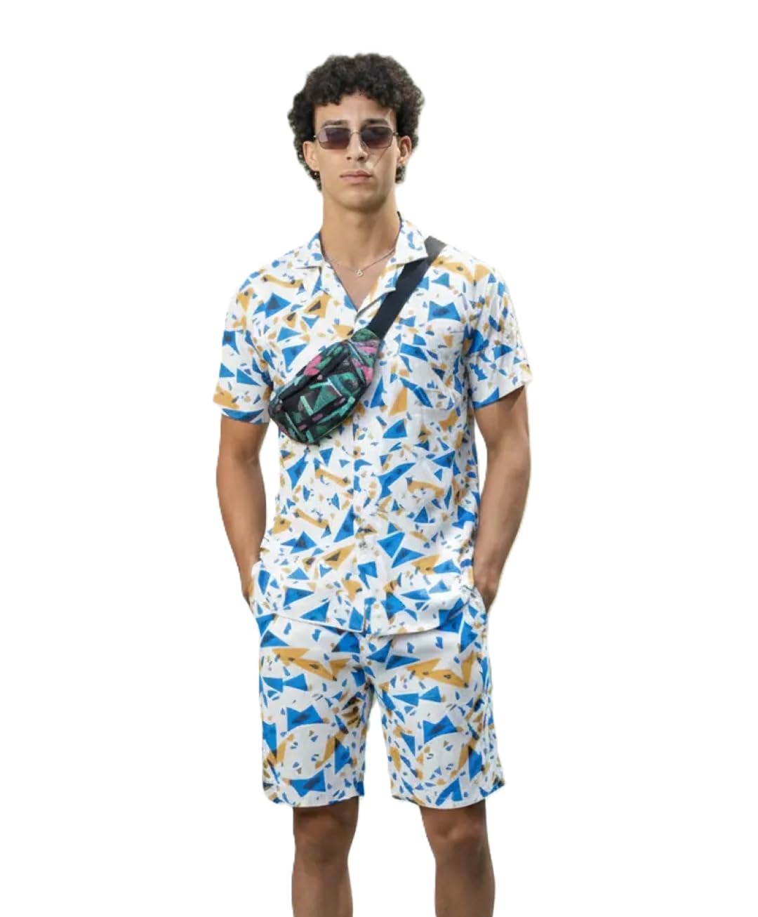 Men’s Tropical Geometry Printed Co-ord Set – Blue Shirt & Shorts-image-1