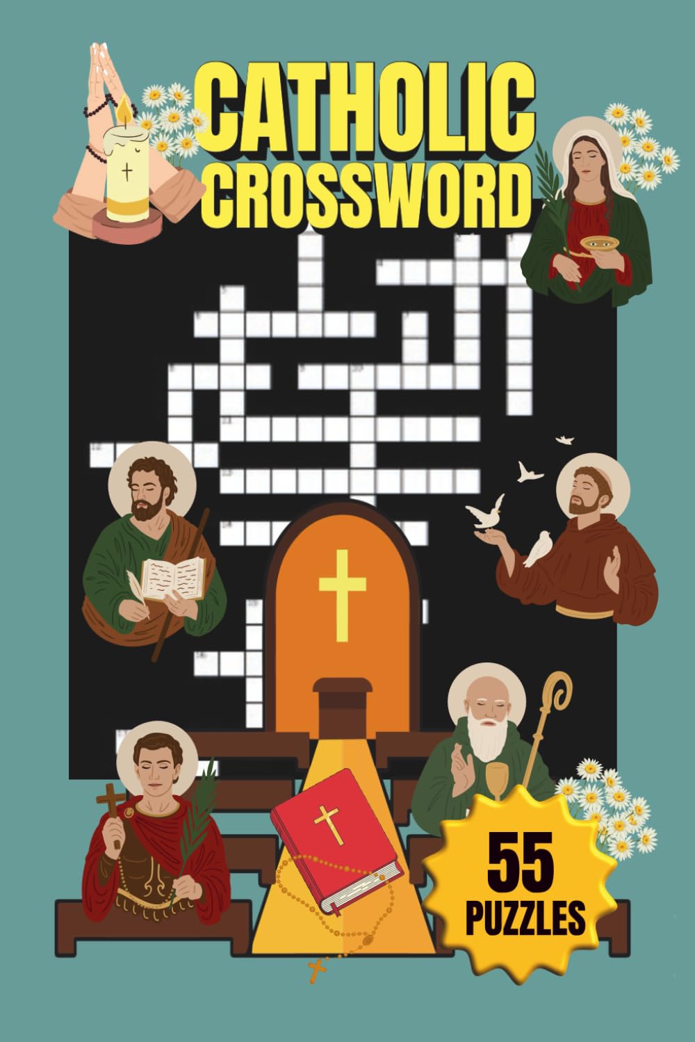 CATHOLIC CROSSWORD|55 PUZZLES, 6x9"| BEAUTIFUL FRONT& BACK COVER|LARGE PRINT| RELIGIOUS THEMED PUZZLE BOOK |110 PAGES: SOLUTIONS INCLUDED|: PERFECT ... GIFT, FAITH (Spiritual & Reflective Wellness)