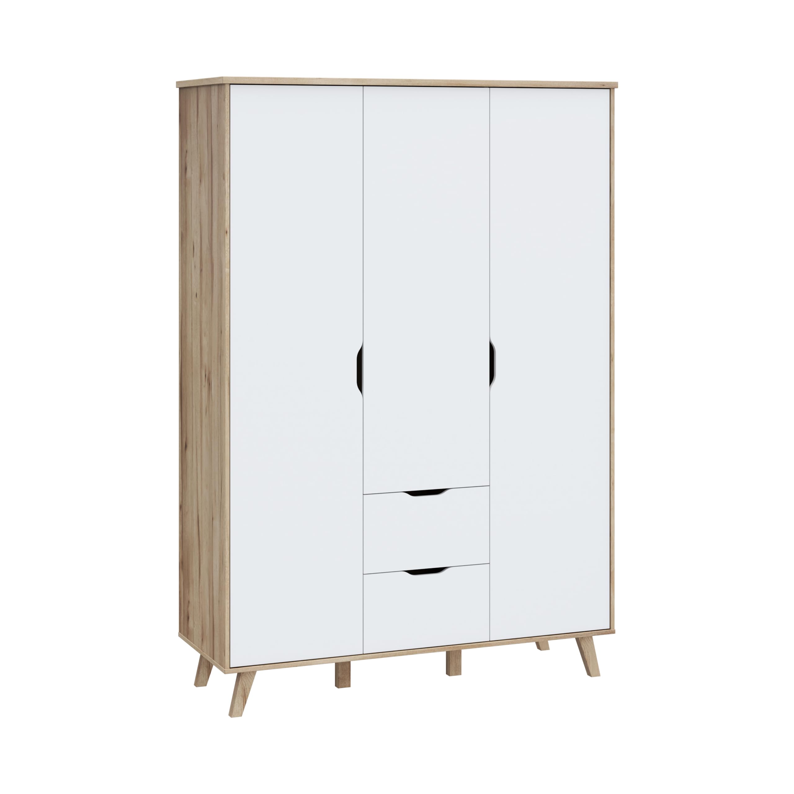 FORTE VANKKA Schrank 140, Kleiderschrank 2 Schubladen, Drehtürenschrank Skandinavisch, Schlafzimmerschrank Kinderzimmerschrank 3-türig Planked Eiche/Weiß, 139 cm breit x 201.5 cm hoch x 53 cm tief