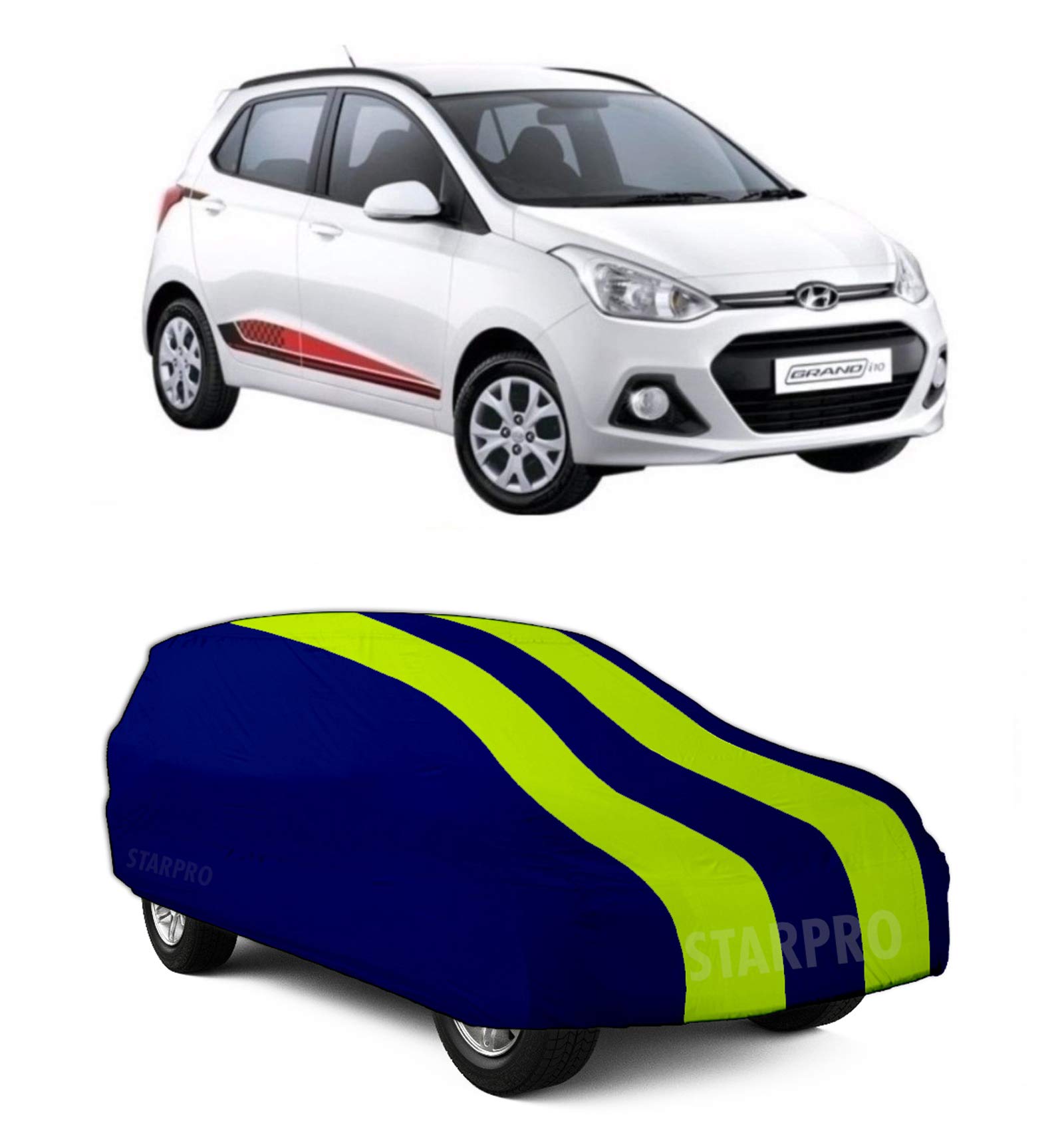 SHIVRAT Presents All Weather Water Resistant and U/V Rays Protection Car Body Cover Compatible with Hyundai Grand i10 Variants (Neon Green Stripes Without Mirror)
