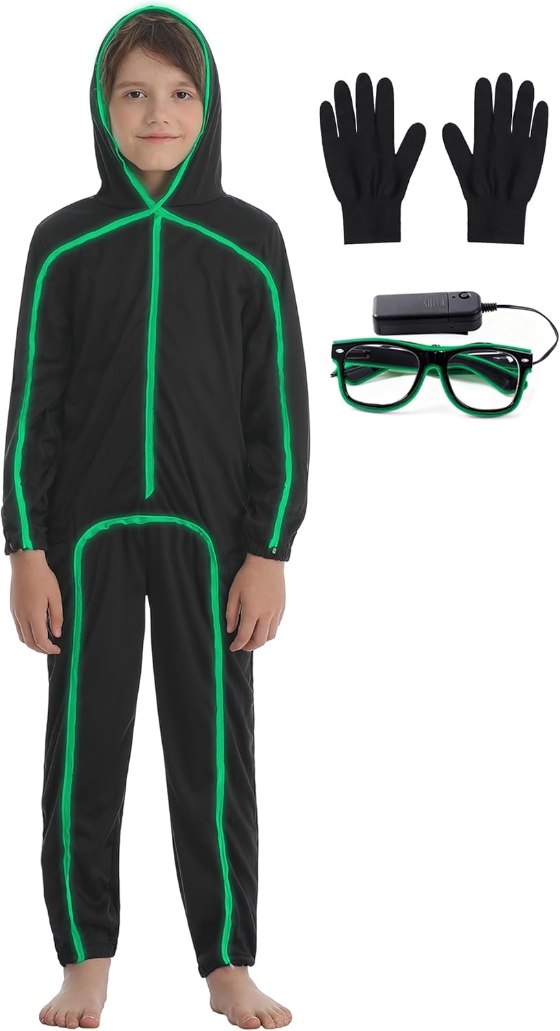 Stick Figure Costume Kids Stickman Jumpsuit with Light up Glasses Halloween Glow in the Dark Outfits for Boys Girls Green Small/Height:41"-45"