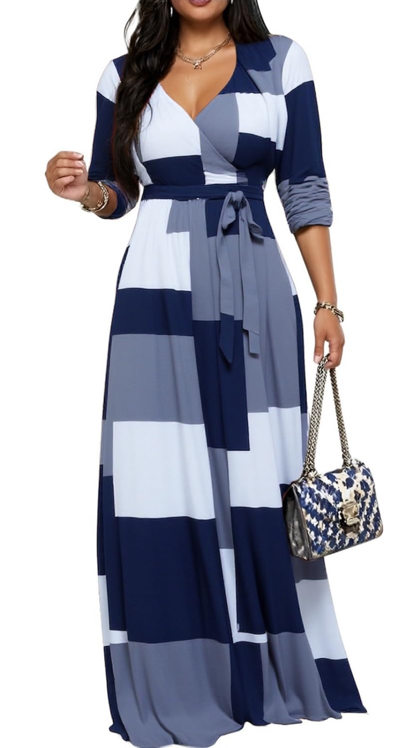 Women's Church Maxi Wrap V Neck 3/4 Sleeve Tie Waist Plus Size Long Dress