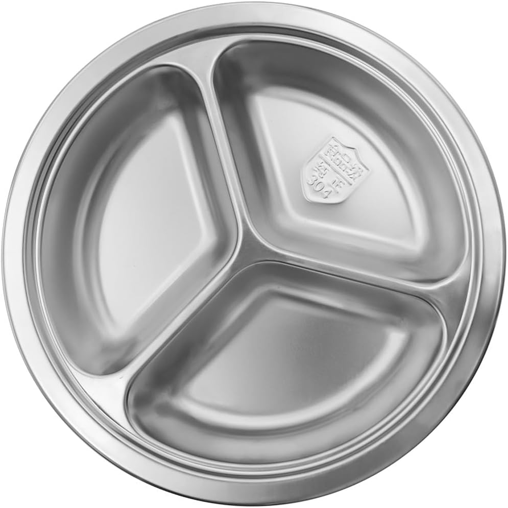 Round Divided Plate,304 Stainless Steel Plates, Round Dinner Plates,Divided Plates Tray for Adults,Kids,Picky Eaters, Campers,Portion Control,Outdoor Hiking Picnic BBQ Beach