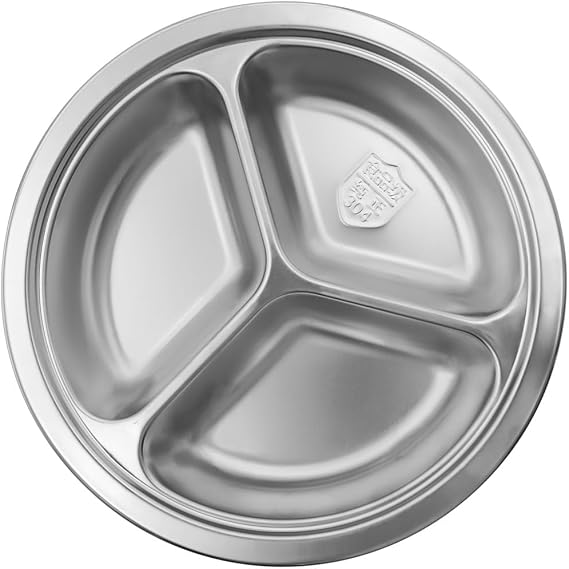 Round Divided Plate,304 Stainless Steel Plates, Round Dinner Plates,Divided Plates Tray for Adults,Kids,Picky Eaters, Campers,Portion Control,Outdoor Hiking Picnic BBQ Beach