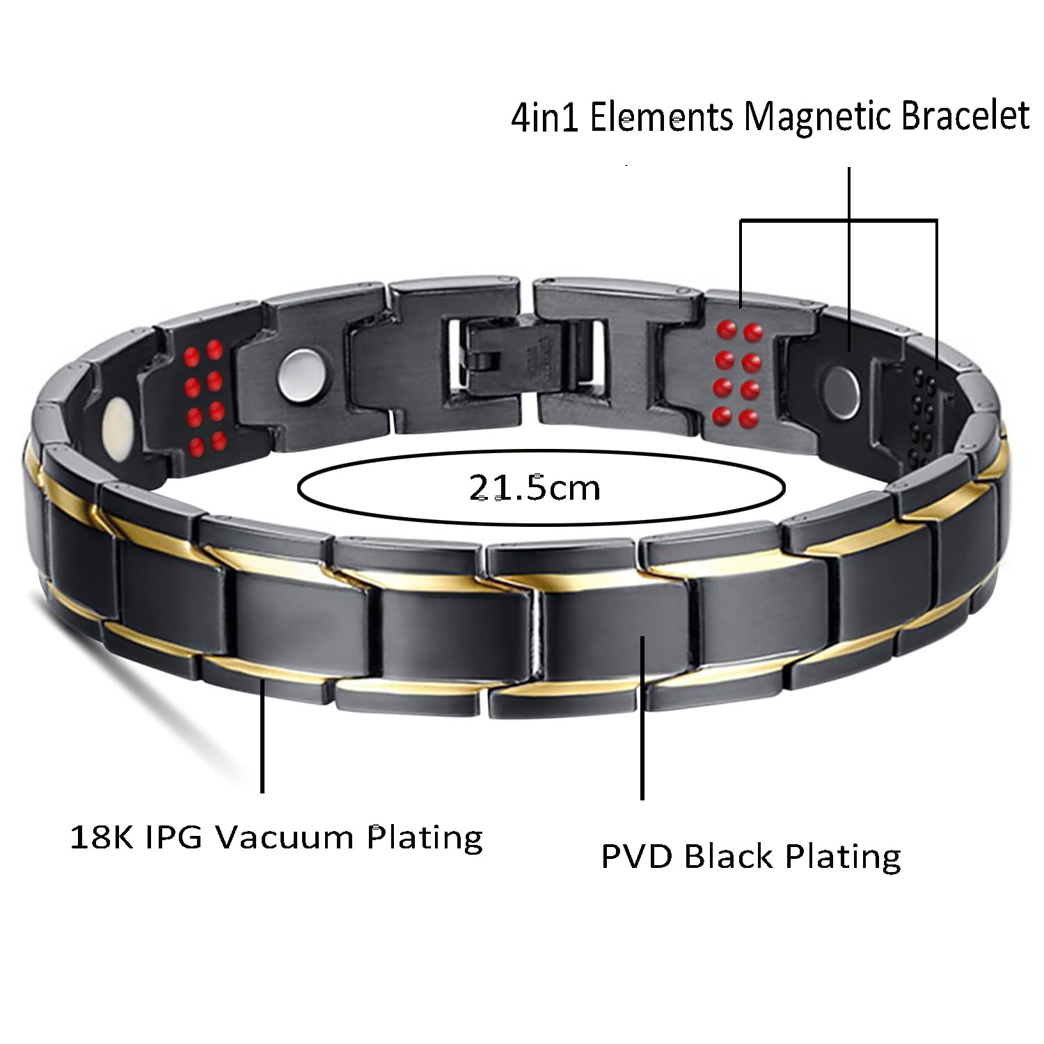 JFUME Bracciale magnetico da uomo, placcato oro 18k, placcato nero, argento, carbonio blu con strumento di rimozione link, regolabile 22cm