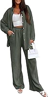 LILLUSORY Women's 2-Piece Cotton Linen Lounge Set: Long Sleeve Button-Down Oversized Pant Set for Summer Vacations