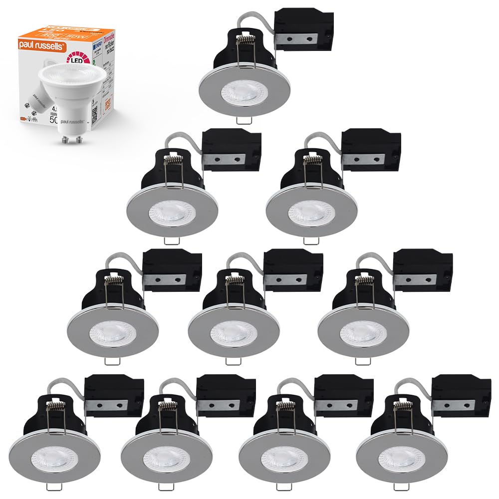 paul russells Dimmable LED Downlights Recessed Ceiling Lights Fire Rated GU10 Spotlights 65-70mm Indoor Down Lights, IP20, 4.5W = 50W Equivalent, Warm White Bulb 2700K, Polished Chrome Bezel, 10 Packs