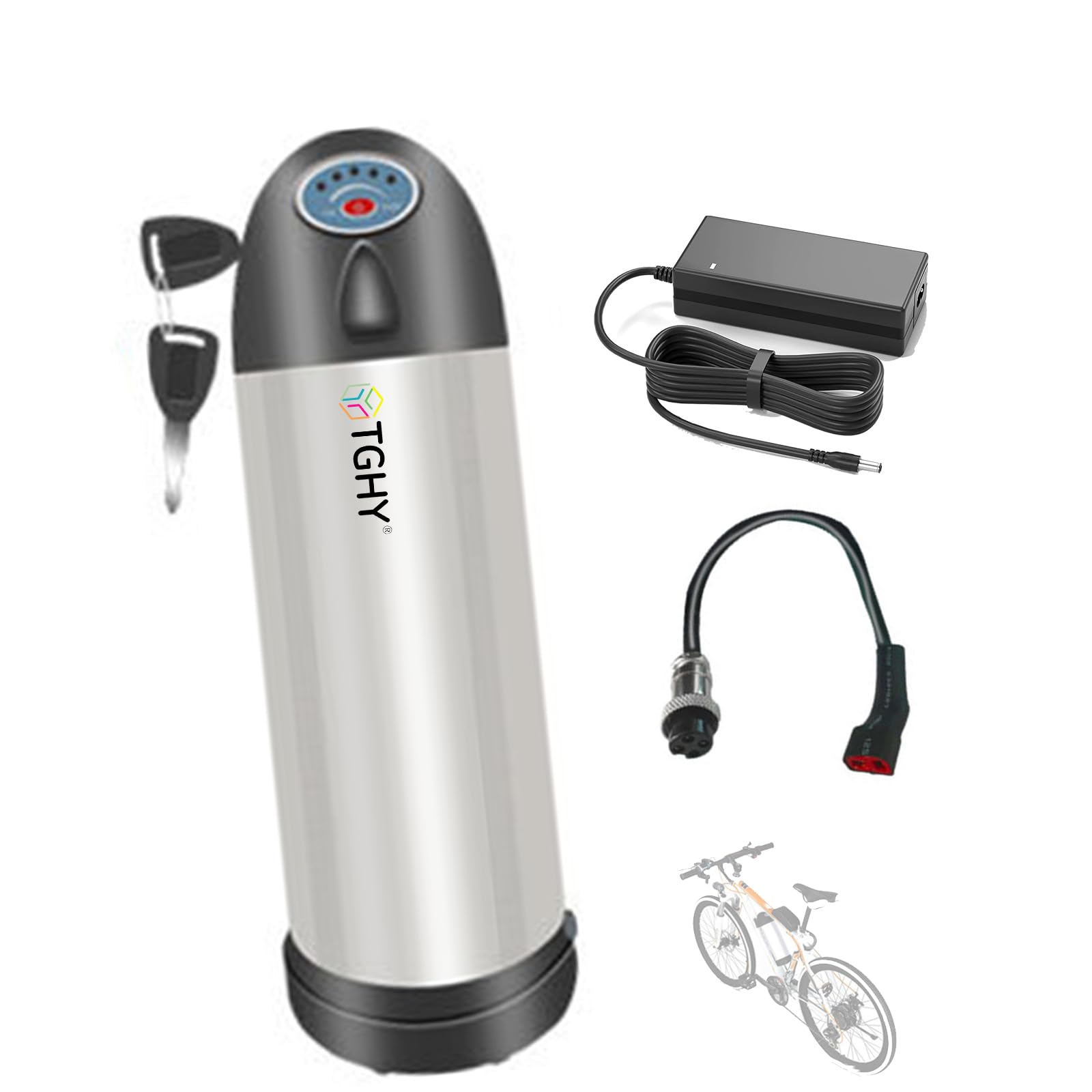 TGHY Bottle Shape Ebike battery 24V 36V 48V Lithium Battery Pack 8Ah 10Ah 12Ah 13Ah 15Ah 17.5Ah 18Ah Down Tube Batteries with Charger,24V8Ah
