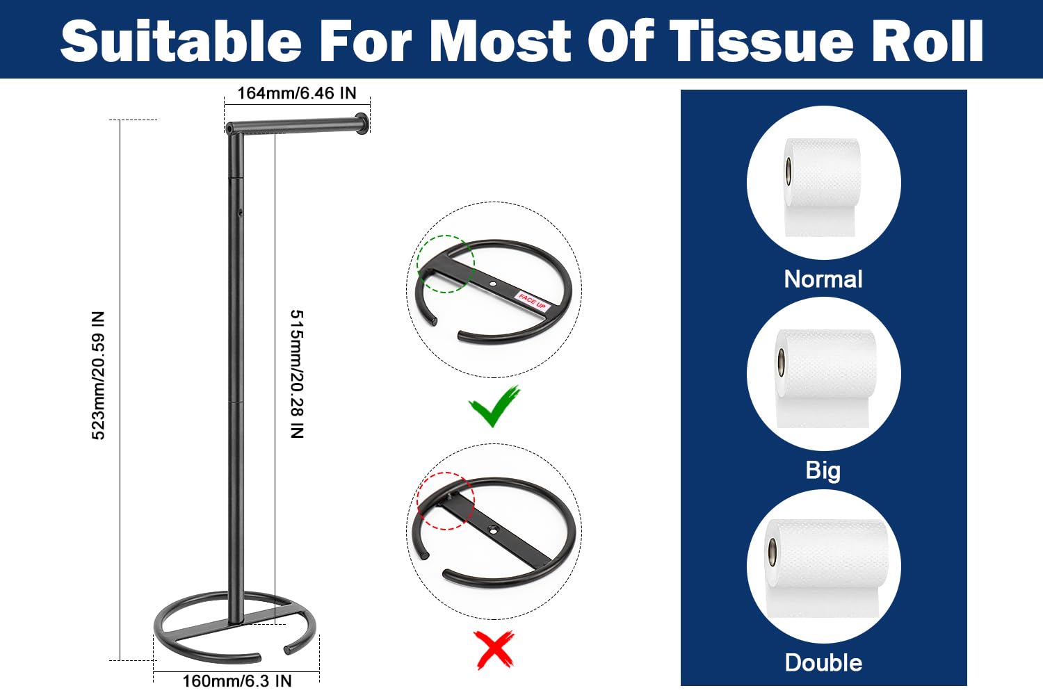 NearMoon Bath Toilet Paper Holder Stand- Modern Tissue Roll Holder Standing with Balanced Base, Rustproof Toilet Roll Holder for Bathroom/Kitchen Countertop (Matte Black, Metal Base)
