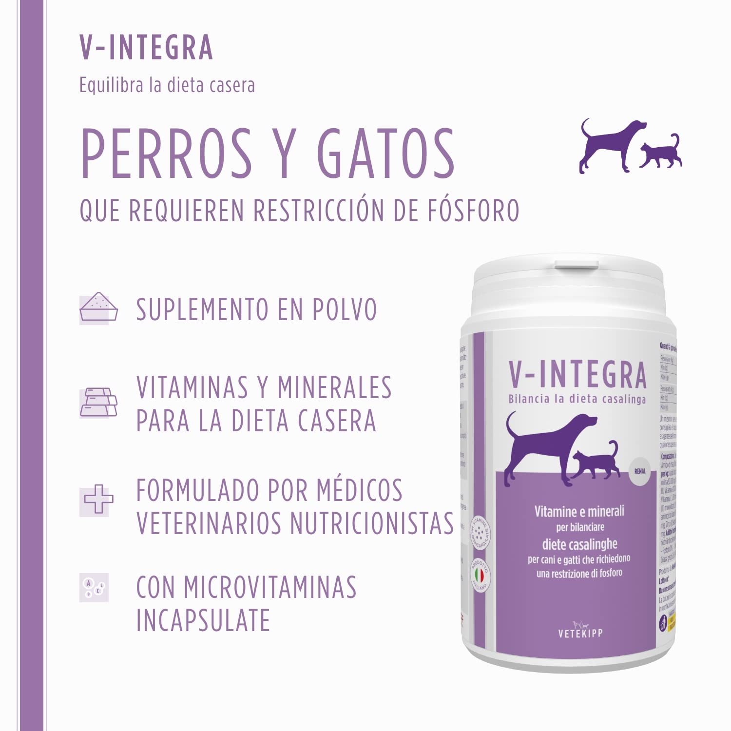 V INTEGRA Renal 200g, Suplemento de Vitaminas y Minerales para Equilibrar Dieta Casera de Perros y Gatos Que Requieren Restricción de Fósforo, Vitaminas para Perros y Gatos Made in Ita