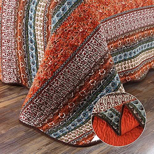 Qucover Quilted Bedspreads Super King Size Bedspread Bohemian Coverlets & Sets 250 x 270cm Bedding Sets 100% Cotton Reversible Comforter Throw with 2 Pillowcases For All-Season (Orange)