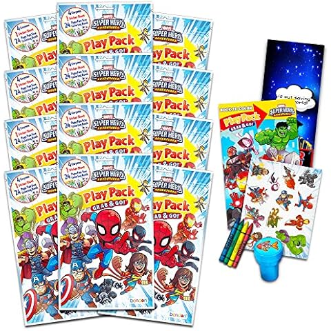 Marvel Super Hero Adventures Party Favors Pack ~ Bundle of 12 Superhero Adventures Play Packs with Stickers, Coloring Books, and Crayons with Bonus Stickers (Super Hero Adventures Party Supplies) Cover