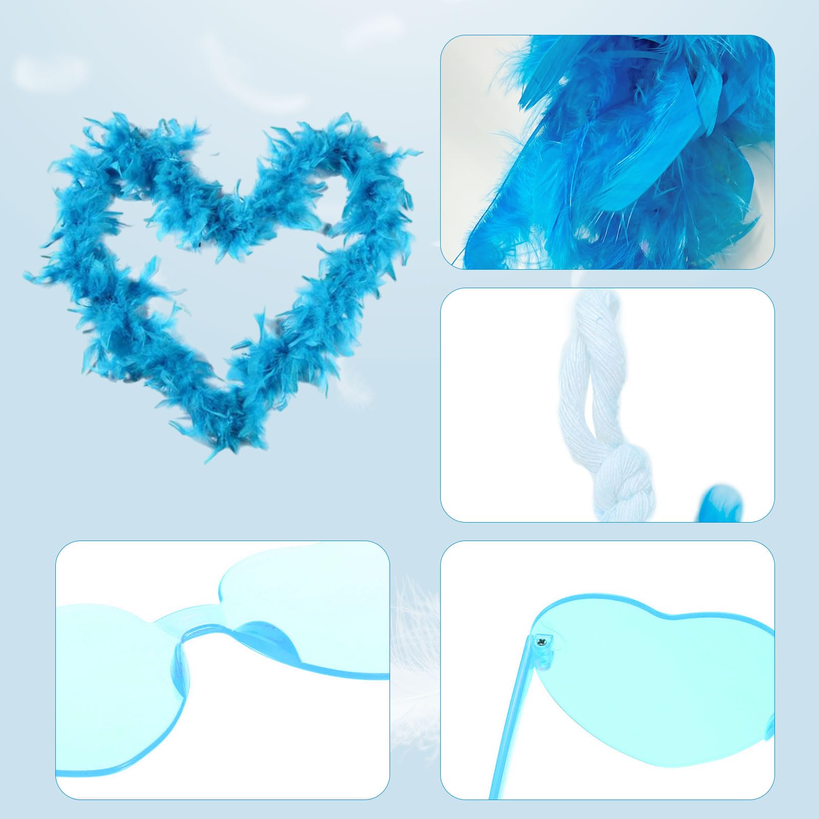SAIIURV 4 Pieces Blue Feather Boa Heart Rimless Sunglasses Feather Boa for Women for Dancing Wedding Party Cosplay Halloween Dancing Party Props Dress Up Wedding Accessories(Blue) - Image 3