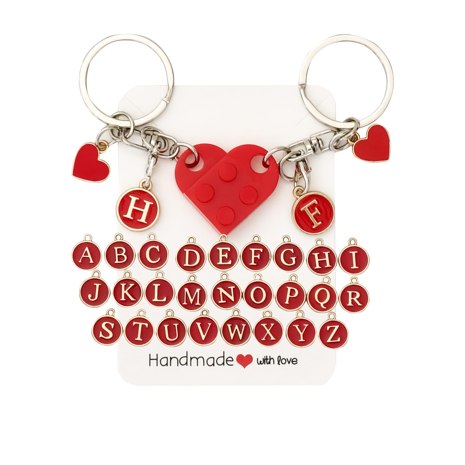 4Piggie Schlüsselanhänger Partner Herz, 2 Stück Personalisiertes Baustein-Set mit Extra-Anhänger & Full A-Z,Geschenk für Paare, Valentinstag und Freundschaft