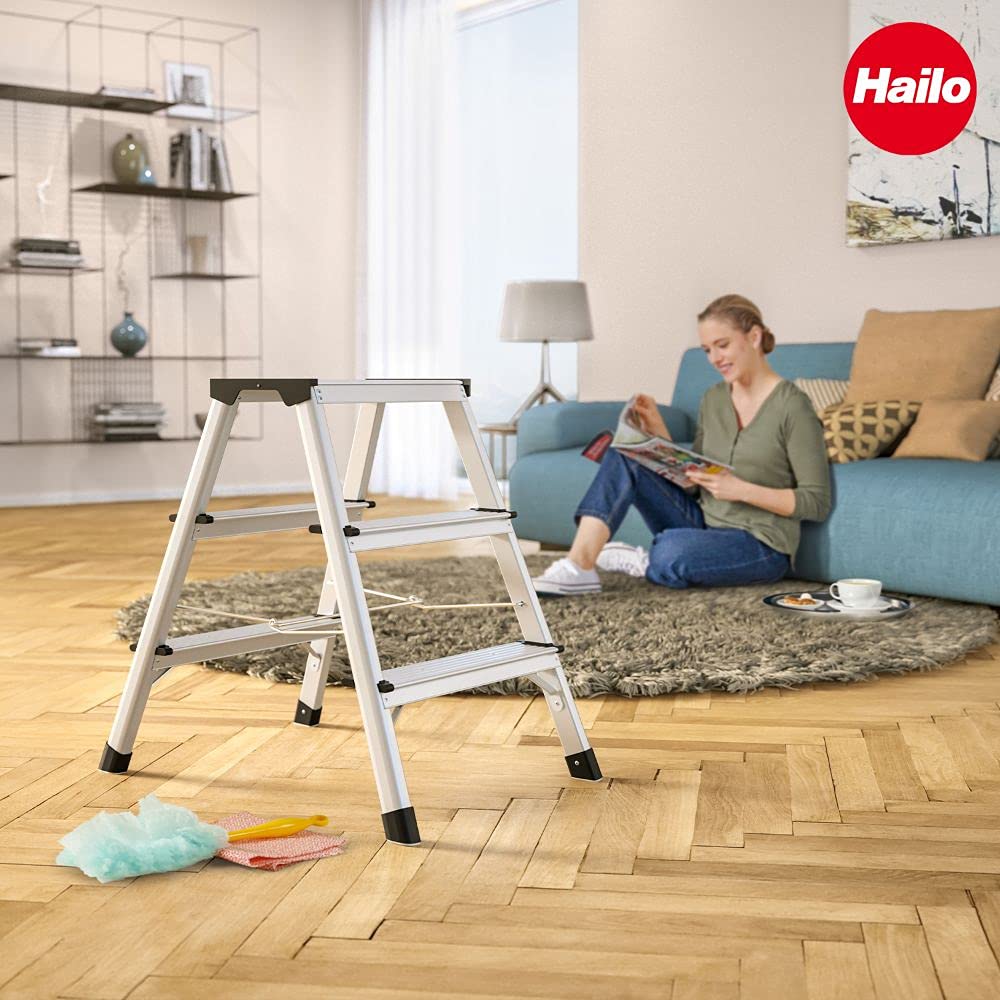 Hailo D60 StandardLine Alu-Klapptritt-Leiter - 2x3 Stufen belastbar bis 150 kg - Trittleiter mit Klappsperre - Füße mit Soft-Grip-Sohle - platzsparend zusammenklappbar - Aluleiter rostfrei - Silber