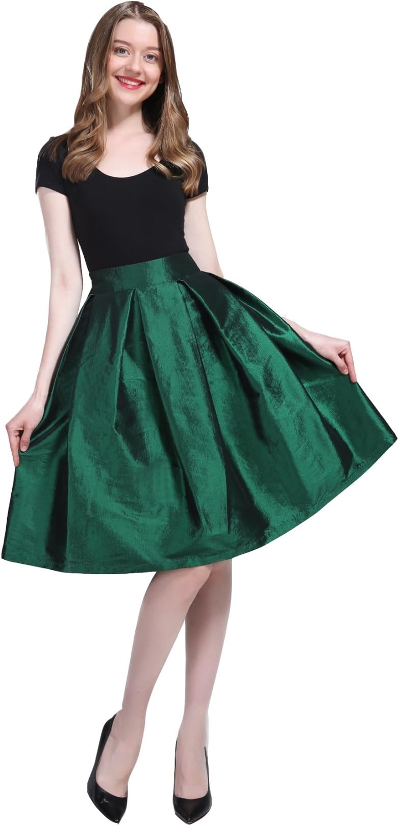Irenwedding Women's High Waist Basic Hand Pockets Pleated Skirt Midi Skirt