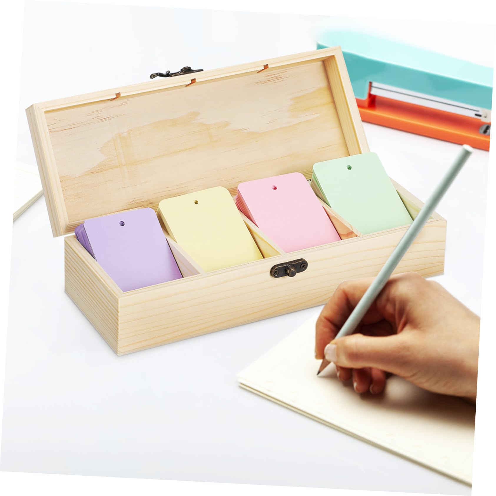 Holzbox mit Klappdeckel 2 Stück 25x9.5x6.5cm Aufbewahrungsbox mit Ablagefächern für Notizen und Karten Geeignet für Büro Schule und Wohnraum