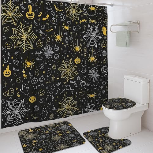 Set di 4 tende da doccia per Halloween, motivo fantasma con ragno nero e giallo, accessori per la decorazione del bagno, tenda da doccia moderna in tessuto impermeabile autunnale con ganci, 182 x 183