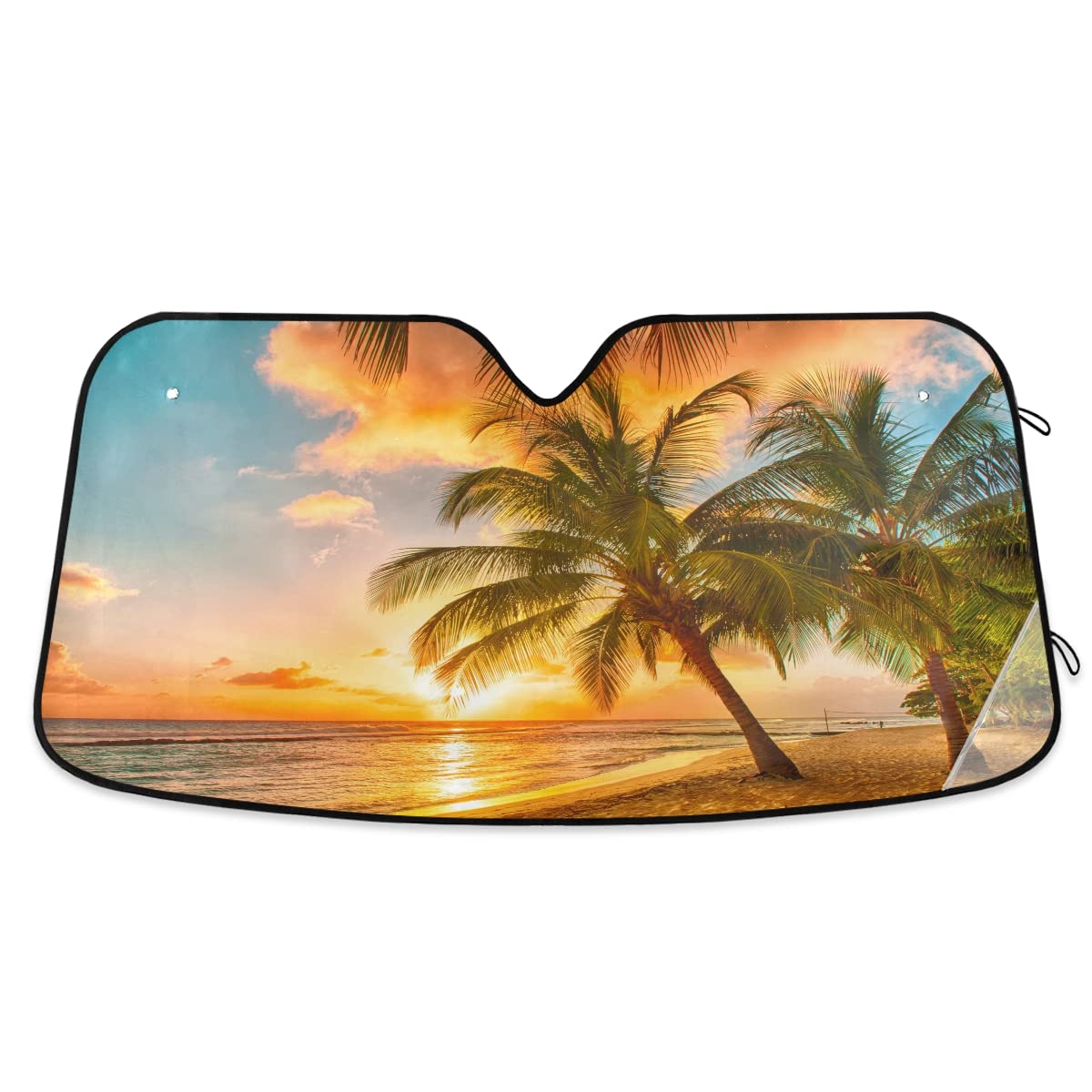 Windshield Sun Shade Hawaii Palms Beach Sand Sunset Summer Tropical Caribbean Ram Front Window Block UV Shades Visor Reflective Retractable for Car SUV Trucks