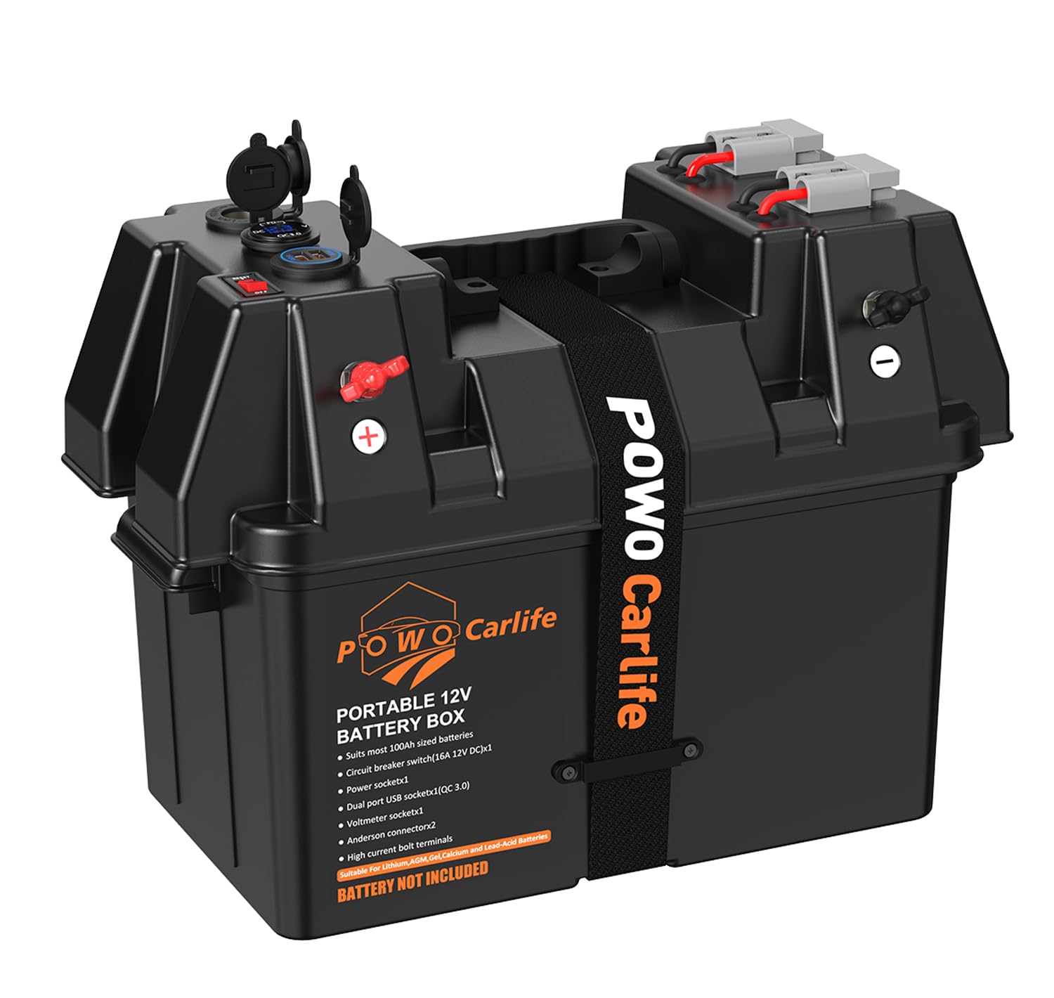 POWO Carlife Smart Battery Box Power Center with USB and DC Ports, Group 24-27 Battery Box for RV, Trailer, Boat, Lifepo4, Lithium
