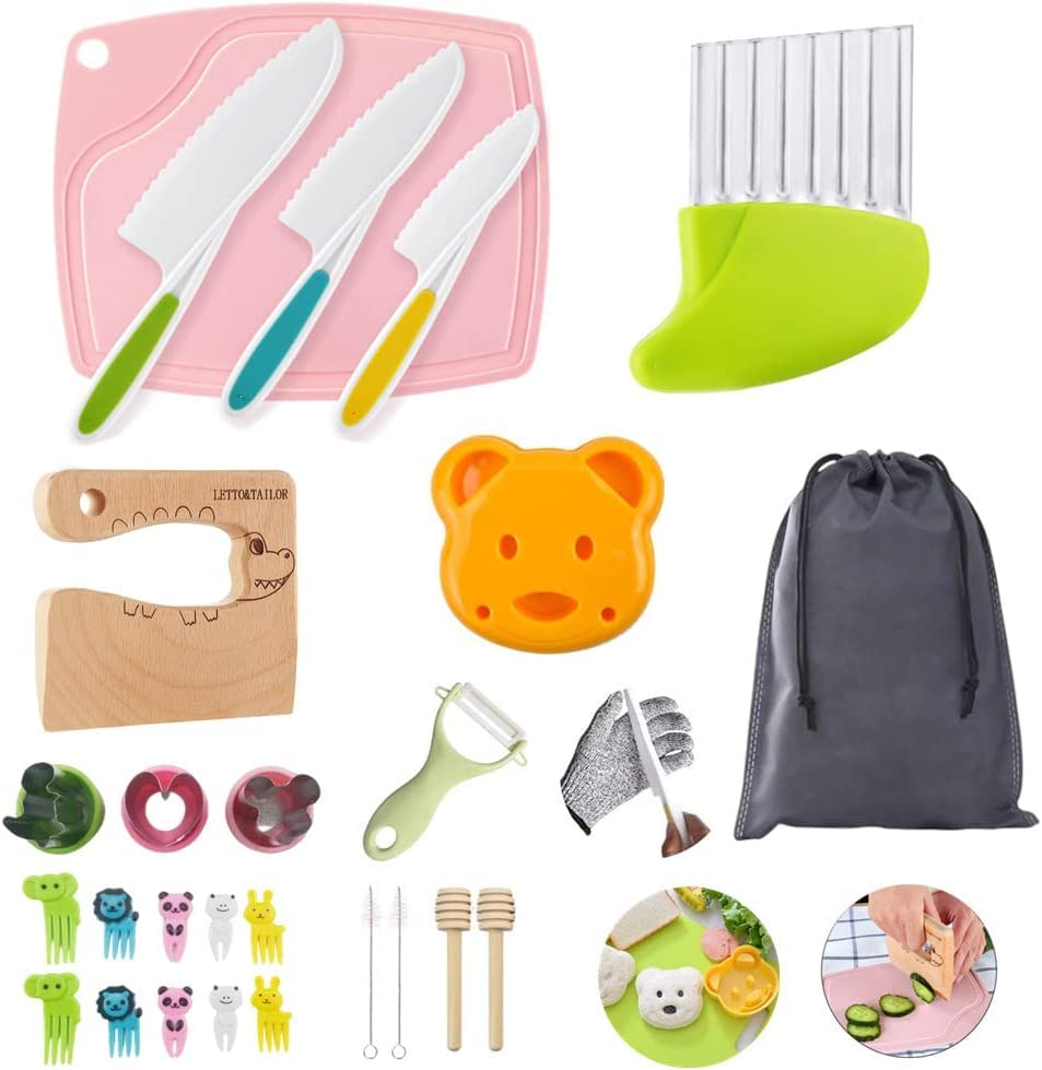 LETTO & TAILOR Kids Knife Set for Chopping – 27-Piece Toddler Cooking Set with Wooden Knives, Kids Safety Gloves – Montessori Knife Set for Real Cooking with Toddlers (27-Pieces Kid's Kitchen Set)