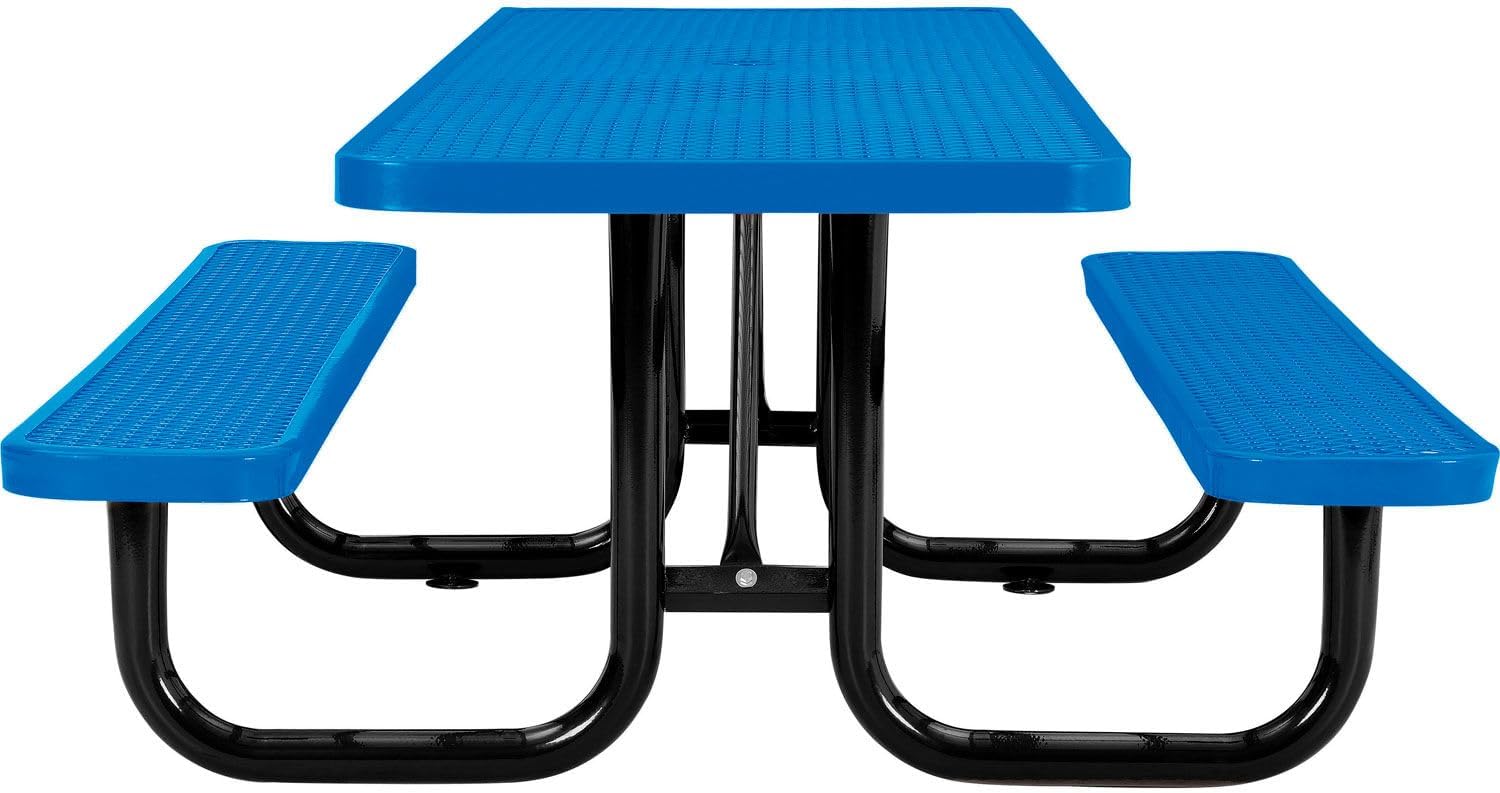 Global Industrial 8'L Rectangular Picnic Table, ADA Compliant, Expanded Metal, Blue Thermoplastic Coating, Attached Benches, 1-1/2” Umbrella Pole Hole, Outdoor-Rated