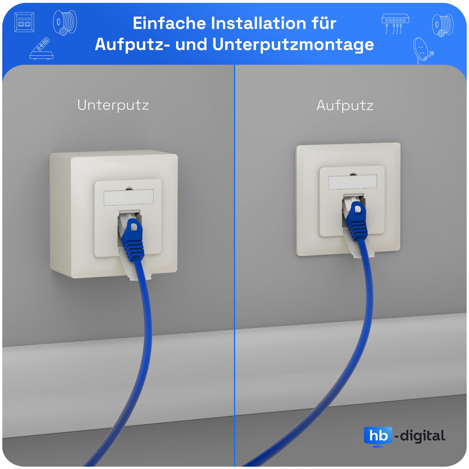 HB-DIGITAL 1 x CAT 6 Network Socket, LAN Socket, Universal Junction Box, 2 x RJ45 Ports, Surface-Mounted/Flush-Mounted Shielded EIA/TIA 568A&B 8P8C 1 Gigabit Ethernet Network - Pure White - Image 2
