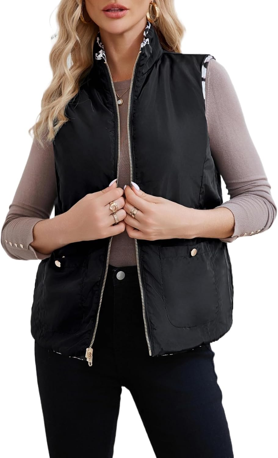 LifeShe Women Leopard Quilted Vest Stand Collar Zip Up Reversible Puffer Vests Sleeveless Padded Gilet Coat with Pockets - Image 5