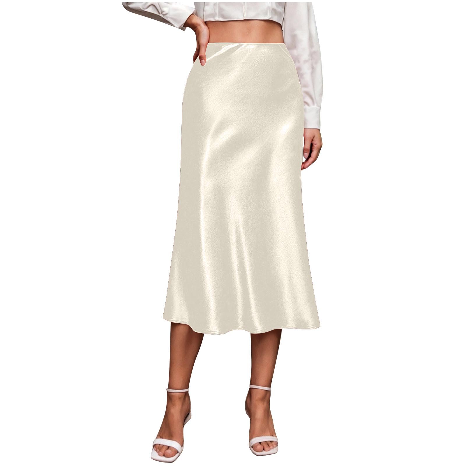 Womens Satin Midi Skirt with Side Zipper - Solid High Waist Slip Skort, Elegant Knee-Length Silk Skirt for Dinner — view 8