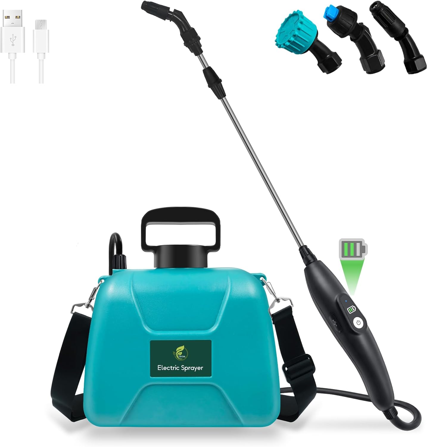 1.35 Gallon Battery Powered Sprayer, Electric Garden Sprayer with Rechargeable Handle, 3 Mist Nozzles, Retractable Wand, Water Pump Sprayer with Adjustable Shoulder Strap for Yard, Lawn and Garden