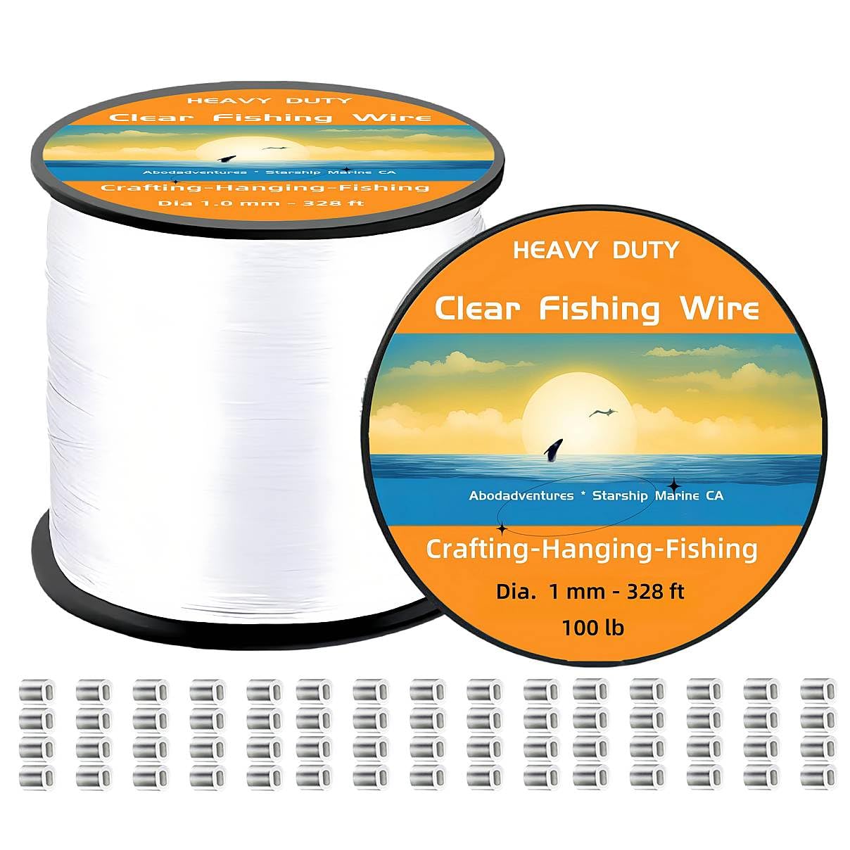 Aboda Heavy Duty Fishing Line 1mm 100lb Test 328 Ft Value Pack with Crimp Sleeves, Clear Monofilament Fishing Line - Strong Invisible Fishing Wire for Crafts, Hanging Decorations, and Pictures