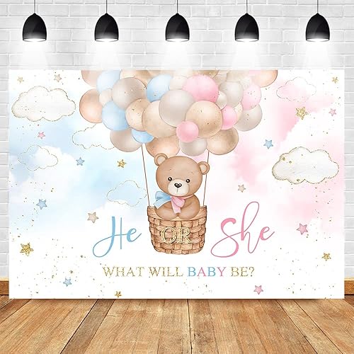 Miniatura 3 de Mocsicka Fondo de globo aerostático de oso rosa o azul, oso rosa o azul, para revelar el género, We Can Bearly Wait Gender Reveal Party Cake Table