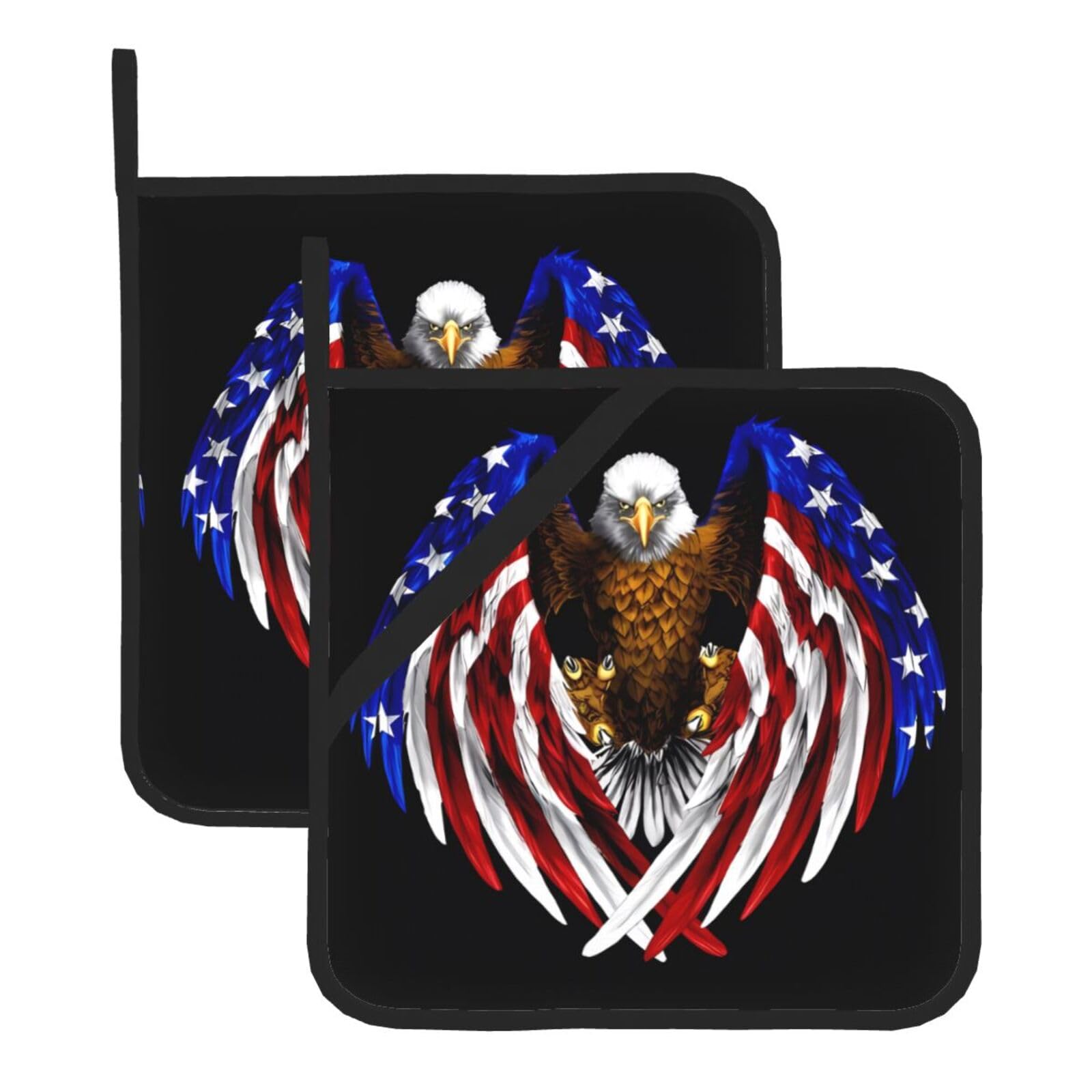 YYHHAOFA USA Flag Patriotic Eagle Prints Square Hot Pads for Kitchen Counter - Waterproof Pot Covers with Hanging Loop - Thick Heat Resistant Trivets for Microwave & Oven (2-Pack)