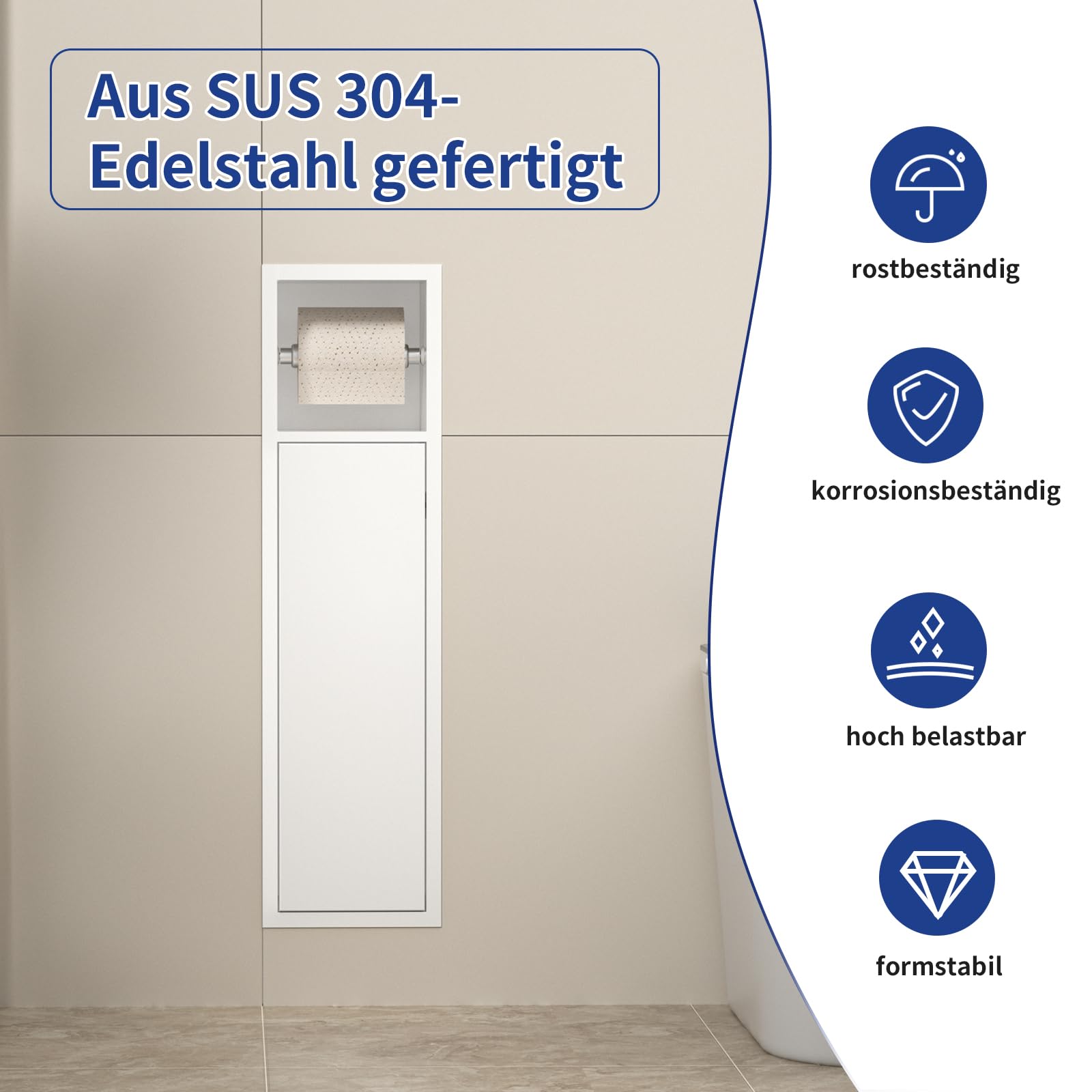 Unterputz-Schrankmodul Edelstahl für die Klobürstengarnitur, Badezimmerschrank mit Toilettenpapierhalter,Mit Schiebetür, 63x15x15 cm, Weiß