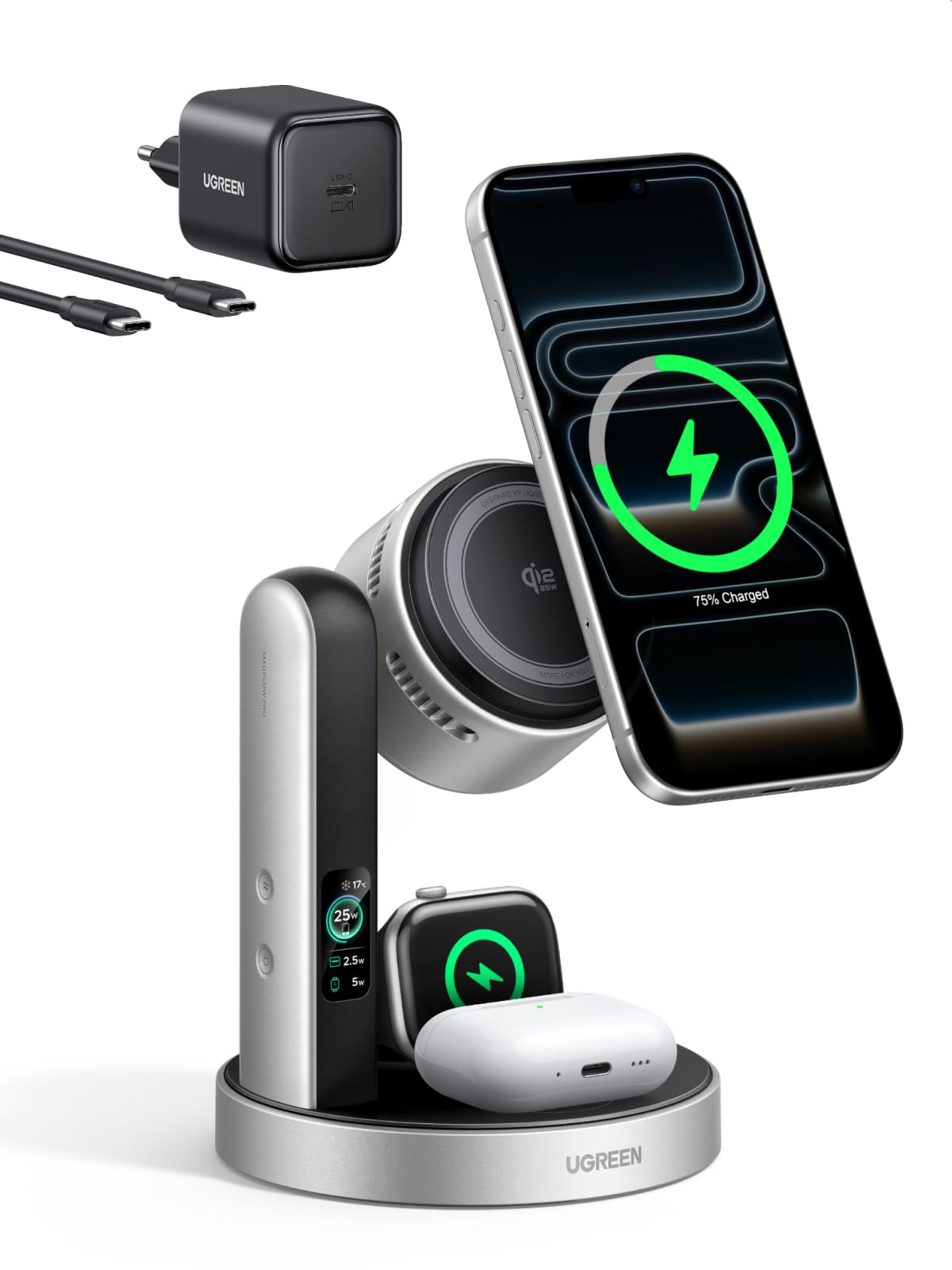 UGREEN MagFlow Pro 25W 3 w 1 magnetyczna bezprzewodowa z chłodzeniem