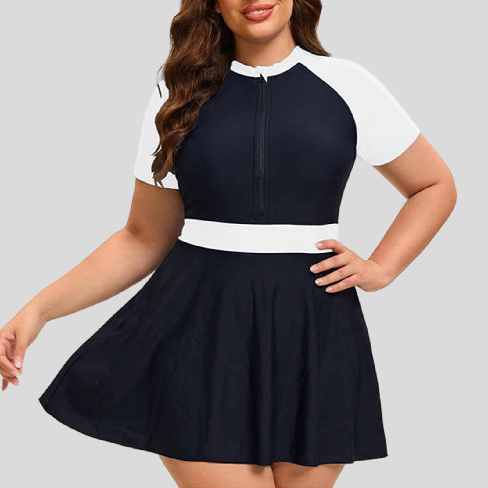 Traje baño Vestido Talla Grande Manga Corta Cremallera Shorts Mujer Dos Piezas