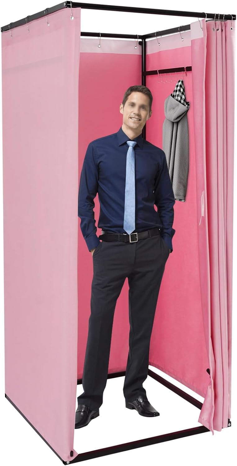 Portable Fitting Room 33.5"x33.5"x78.7" w/Light-Blocking Curtain | Freestanding Changing Booth for Boutique, Pop-Up Shop, Events | 4 Colors (Pink -Flannel)