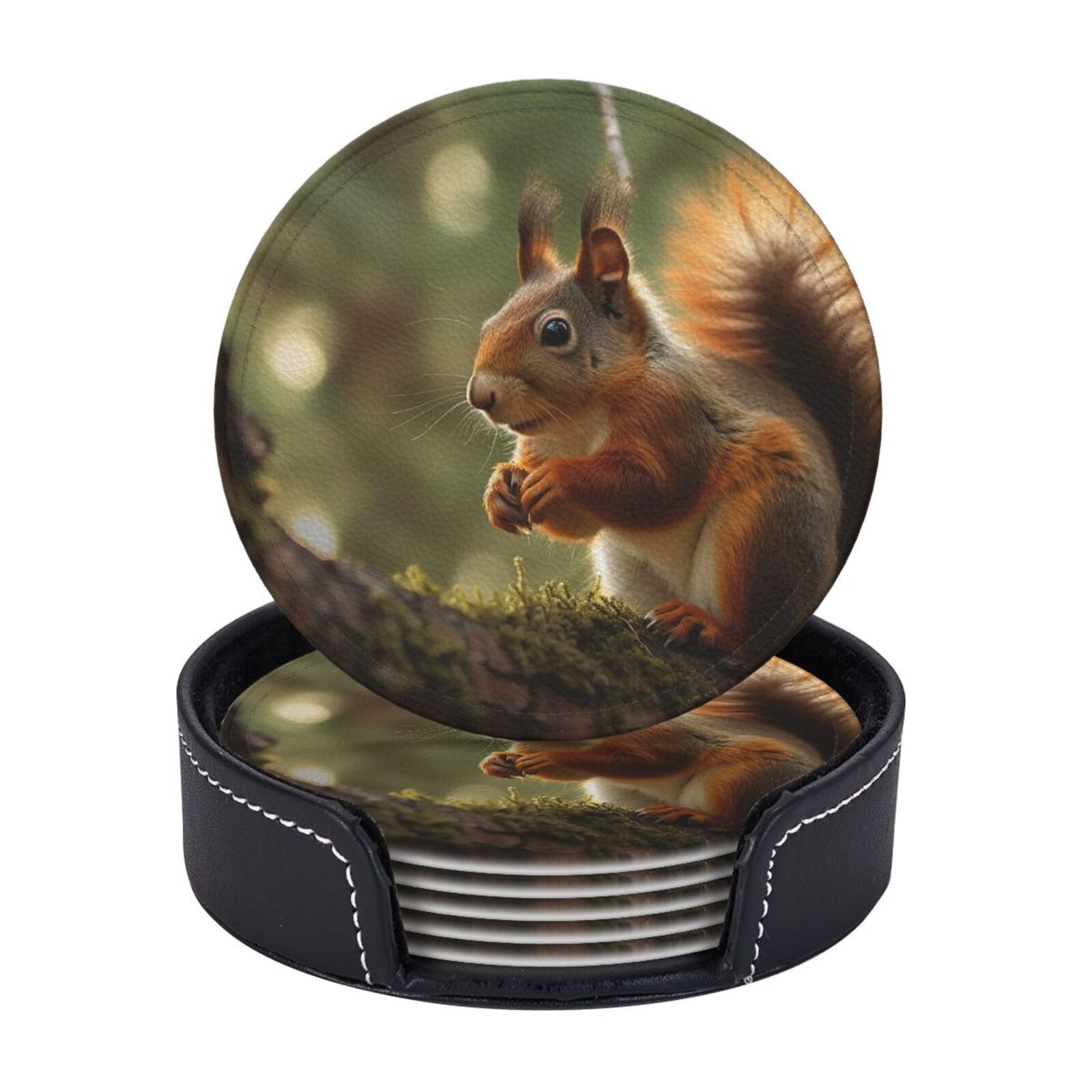 Leather Coasters for Drinks Set of 6, Wildlife Forest Squirrel Coaster with Holder,Non-Slip Cups Mugs Mat Pad Funny Round Coasters for Tabletop Protection Desk Accessories Office Home Room Decor